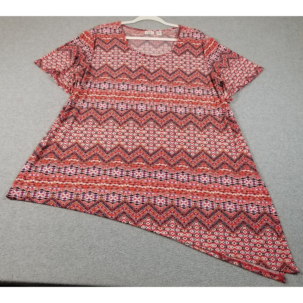 Cato Tunic Top Woman 18W 20W Geometric Asymmetric Hem Short Sleeve Stretch Artsy